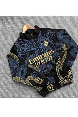 Fly Emirates Real Unisex Dijital Baskı Paraşüt Kumaş Oversize Baskılı Siyah Rüzgarlık Yağmurluk