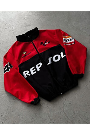 REPSOL Unisex Dijital Baskı Paraşüt Kumaş Oversize Baskılı Siyah Rüzgarlık Yağmurluk