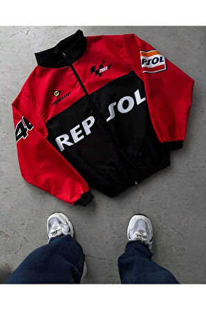 REPSOL Unisex Dijital Baskı Paraşüt Kumaş Oversize Baskılı Siyah Rüzgarlık Yağmurluk