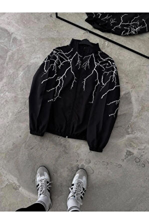 Siyah Şimşek Unisex Dijital Baskı Paraşüt Kumaş Oversize Baskılı Siyah Rüzgarlık Yağmurluk