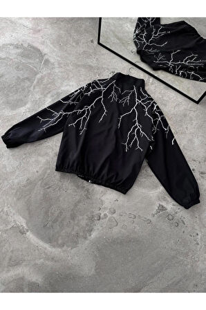 Siyah Şimşek Unisex Dijital Baskı Paraşüt Kumaş Oversize Baskılı Siyah Rüzgarlık Yağmurluk