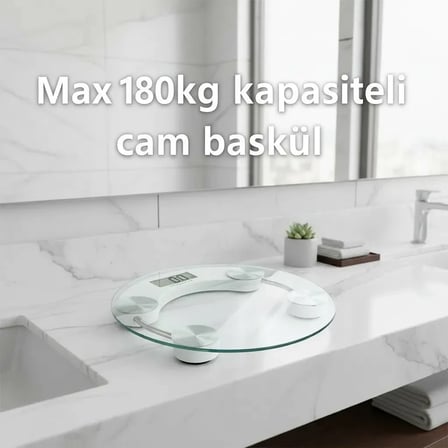 Yuvarlak Şeffaf Dijital Cam Baskül Tartı – 180 Kg Taşıma Kapasitesi, Hassas Ölçüm, Şık Tasarım Teraz