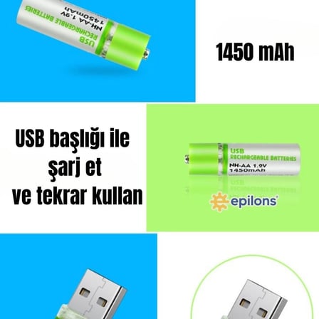 Usb ile Şarj Olabilen 2 li 1450 mah Lityum Kalın Şarjlı Kalem Pil ( Lisinya )