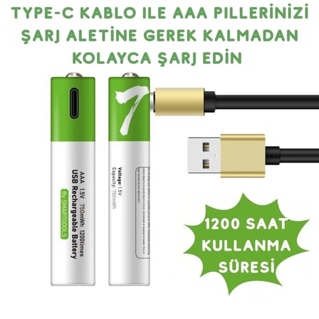 Type-C ile Şarjolabilen 4 lü AAA 1.5V Lityum İnce Şarjlı Kalem Pil 750 mAH Uzun Ömürlü ( Lisinya )