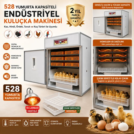 528 Yumurta Kapasiteli Endüstriyel Kuluçka Makinesi - 3 Çeşit Viyollu, Çıkım Sepetli + Isı Lambası H