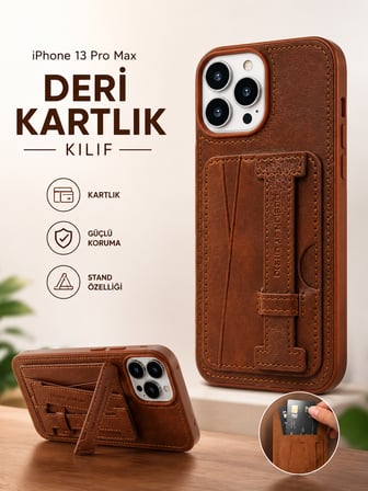 iPhone 13 Pro Max Uyumlu Deri Kartlıklı Standlı Kılıf Kahverengi