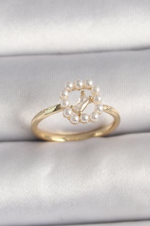 Pirinç Gold Renk Zirkon Taş Detaylı İncili Ayarlanabilir Yüzük - Lisinya