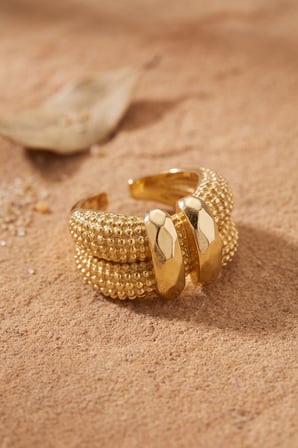 Granül Dokulu Çift Sıra Ayarlanabilir Gold Renk Yüzük - Lisinya