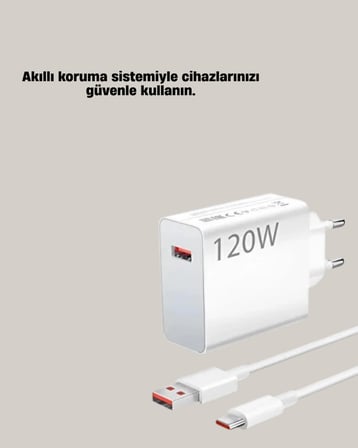 120W Güçlü Hızlı Şarj Adaptörü ve Type-C Kablo Seti – Güvenli Şarj Teknolojisi - Lisinya