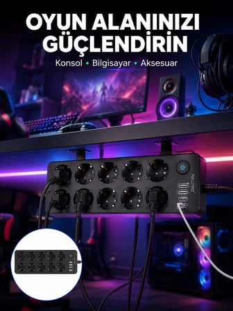USB ve Type-C Çıkışlı 10'lu Akım Korumalı Çoklu Priz Güç Dağıtıcı - Lisinya
