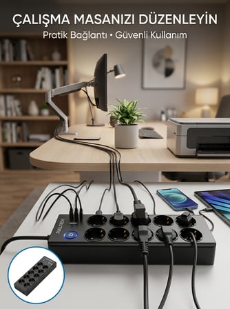 Akım Korumalı 10'lu Çoklu Priz USB-A ve Type-C Şarj Çıkışlı - Lisinya