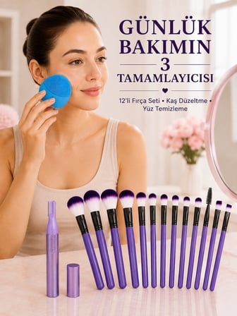 12’li Makyaj Fırça Seti Kaş Düzeltme Cihazı ve Yüz Temizleme Cihazı 3’lü Kadın Güzellik ve Bakım Set