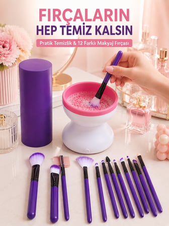 12’li Makyaj Fırça Seti ve Elektrikli Fırça Temizleme Cihazı Avantajlı İkili Makyaj Bakım Seti - Lis