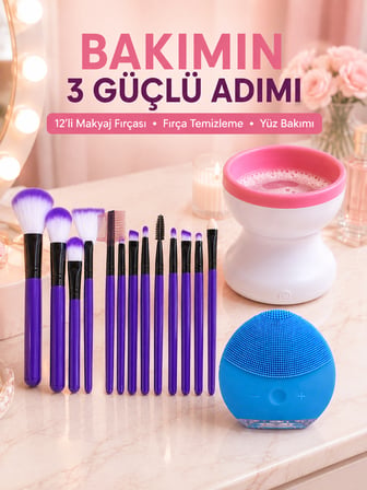 3’lü Güzellik ve Kişisel Bakım Seti 12’li Makyaj Fırçası Fırça Temizleme Cihazı ve Yüz Temizleme Cih