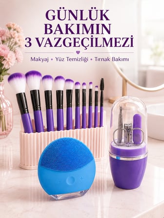3’lü Güzellik ve Bakım Seti 12’li Mor Makyaj Fırçası Silikon Yüz Temizleme Cihazı ve Manikür Tırnak 