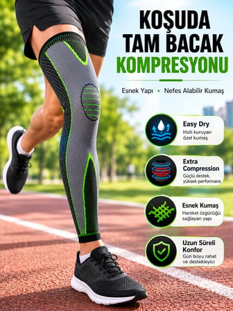 Ergonomik Uzun Spor Dizliği Esnek Kumaşlı Tam Boy Kompresyon Desteği - Lisinya