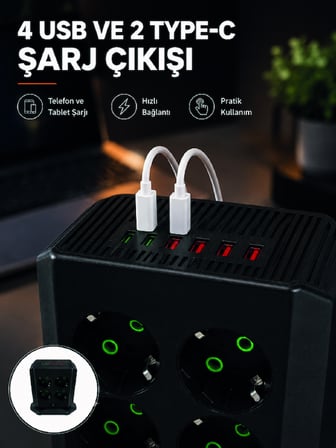 8'li Dikey Çoklu Priz 4 USB 2 Type-C Akım Korumalı Anahtarlı Priz - Lisinya