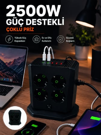 Çoklu Priz 8 Çıkışlı 4 USB 2 Type-C Anahtarlı Dikey Priz Kulesi - Lisinya