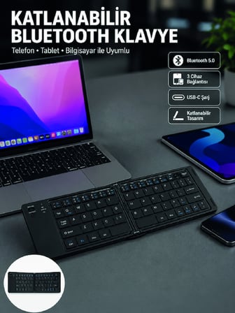 Katlanabilir Bluetooth Klavye 3 Cihaz Bağlantılı Kablosuz Taşınabilir Klavye - Lisinya