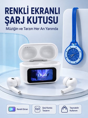Dokunmatik Kablosuz Kulaklık + Mavi Askılı Analog Charm Saat İkili Set - Lisinya