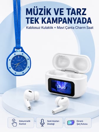 Ekranlı Kablosuz Kulaklık ve Mavi Çanta Charm Saat Kampanya Seti - Lisinya
