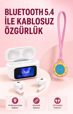Bluetooth 5.4 Kablosuz Kulaklık Pembe Askılı Analog Charm Saat İkili Set - Lisinya