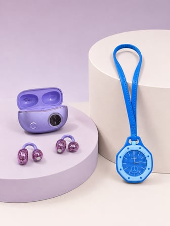 Şarj Kutulu Kablosuz Kulaklık ve Askılı Analog Charm Saat Kampanya Seti Mor Mavi - Lisinya