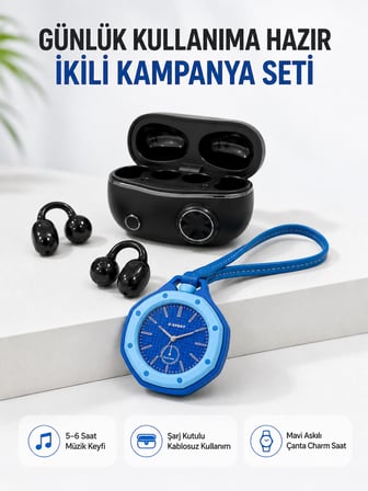 Kablosuz Kulaklık Mavi Çanta Aksesuar Saati Kampanyalı Müzik ve Günlük Kullanım Seti - Lisinya