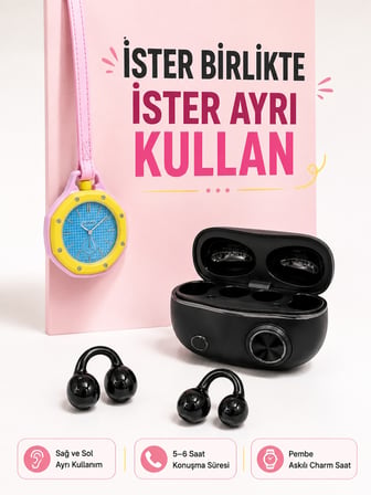 Kablosuz Kulaklık ve Pembe Askılı Çanta Charm Analog Saat Kampanya Seti - Lisinya