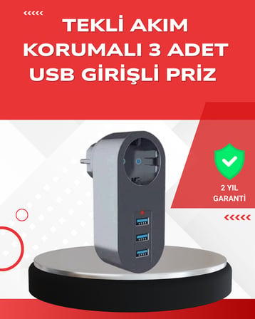 2500W Güç Destekli Akım Korumalı Priz – 3 USB Çıkışlı - Lisinya