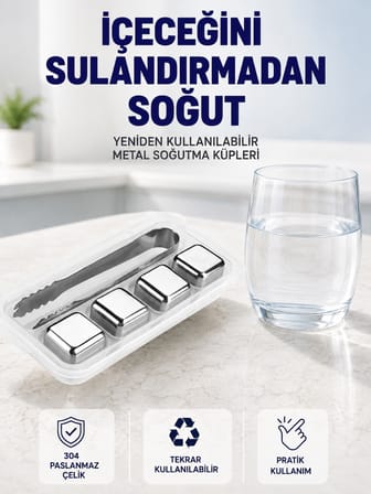 Paslanmaz Çelikten Üretilmiş Metal Buz Küpü Seti ve Buz Klipsi - Lisinya