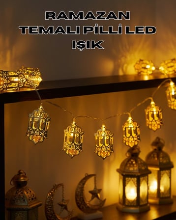 Pilli Ramazan Işıkları Altın Renk Fener Figürlü LED Süsleme - Lisinya