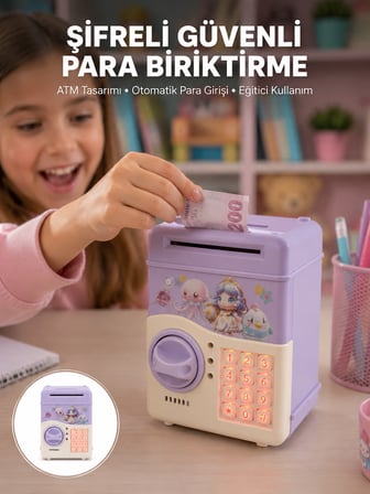 Çocuklar İçin Elektronik Şifreli Para Biriktirme Kumbarası Mor - Lisinya
