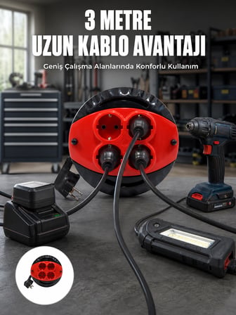 3 Metre Kablolu 4’lü Kırmızı Priz Makara - Lisinya