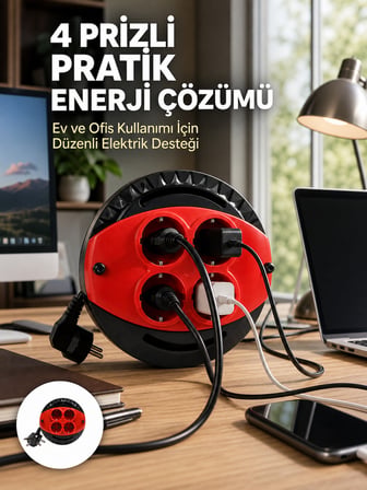 3 Metre Uzatma Kablolu 4 Prizli Makara Kırmızı - Lisinya