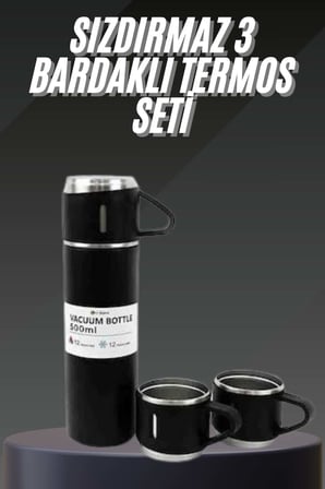 Termos Seti Paslanmaz Çelik 3 Bardaklı Vakumlu Termos Set 500 Ml 12 Saate Kadar Isı Koruma - Lisinya