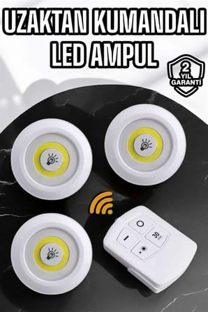 Spot Lamba Led Işık 3'lü Uzaktan Kumandalı Pilli Yapışkanlı Kablosuz Yeni Nesil - Lisinya