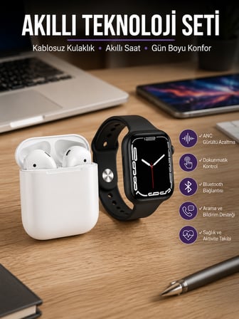 2025 Model Akıllı Saat ve 2.Nesil TWS Bluetooth Kulaklık ANC Özelliği Amoled Ekran - Lisinya