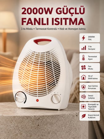 2000W Taşınabilir Elektrikli Fanlı Isıtıcı – Hızlı Isınma, Kompakt Boy - Lisinya