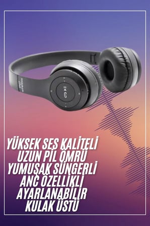 Bluetooth Kablosuz Kulaklık Siyah Wireless 5.0 Kulak Üstü Uzun Pil Ömrü - Lisinya