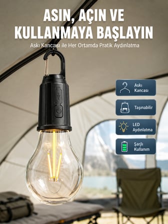 taşınabilir şarjlı led ampul askılı lamba kamp bahçe lambası - lisinya