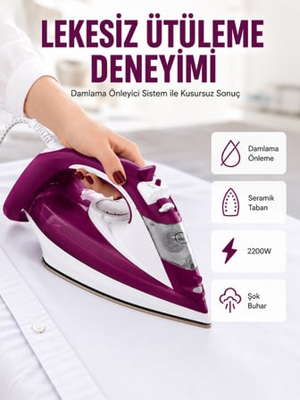 Yeni Nesil Kırmızı Buharlı Ütü 2200 Watt Seramik Tabanlı Yüksek Buhar Gücü Yeni Nesil - Lisinya