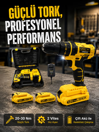 Ergonomik Tasarımlı 12V Matkap | 2 Vitesli, LED Aydınlatmalı ve Dayanıklı - Lisinya