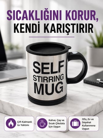 Pratik ve Dayanıklı Termos Kupa | Tek Tuşla Otomatik Karıştırma - Lisinya