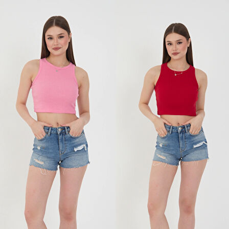 Wearflawless 2'li Adet Kadın Halter Yaka Fitilli Kaşkorse Askılı Sıfır Kol Crop Bluz Atlet
