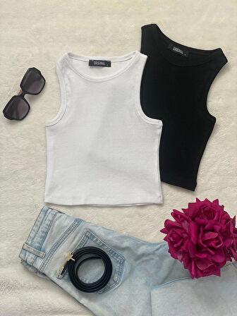 Wearflawless 2'li Adet Kadın Halter Yaka Fitilli Kaşkorse Askılı Sıfır Kol Crop Bluz Atlet