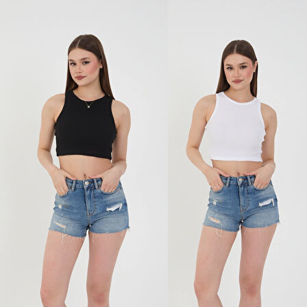 Wearflawless 2'li Adet Kadın Halter Yaka Fitilli Kaşkorse Askılı Sıfır Kol Crop Bluz Atlet
