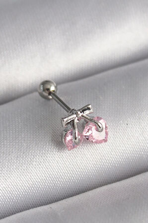 316L Çelik Gümüş Renk Pembe Zirkon Taşlı Kalp Tragus Piercing - Lisinya