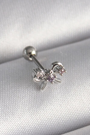 316L Çelik Gümüş Renk Zirkon Taşlı Kurdele Tragus Piercing - Lisinya