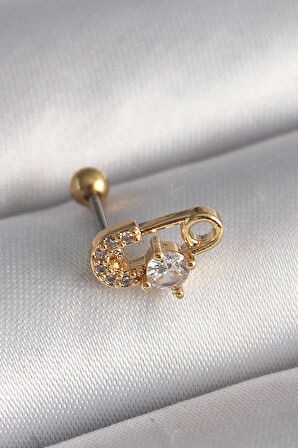 316L Çelik Gold Renk Zirkon Taşlı Toplu İğne Tragus Piercing - Lisinya